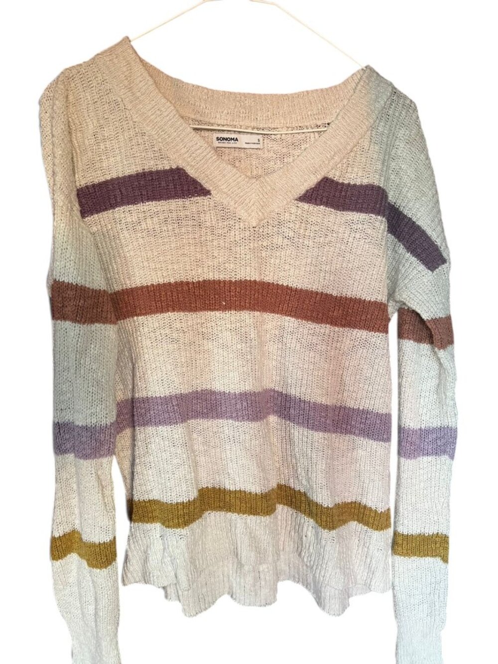 Sonoma Goods For Life Striped Open-Knit V-Neck Sweater Cream Multi Size S